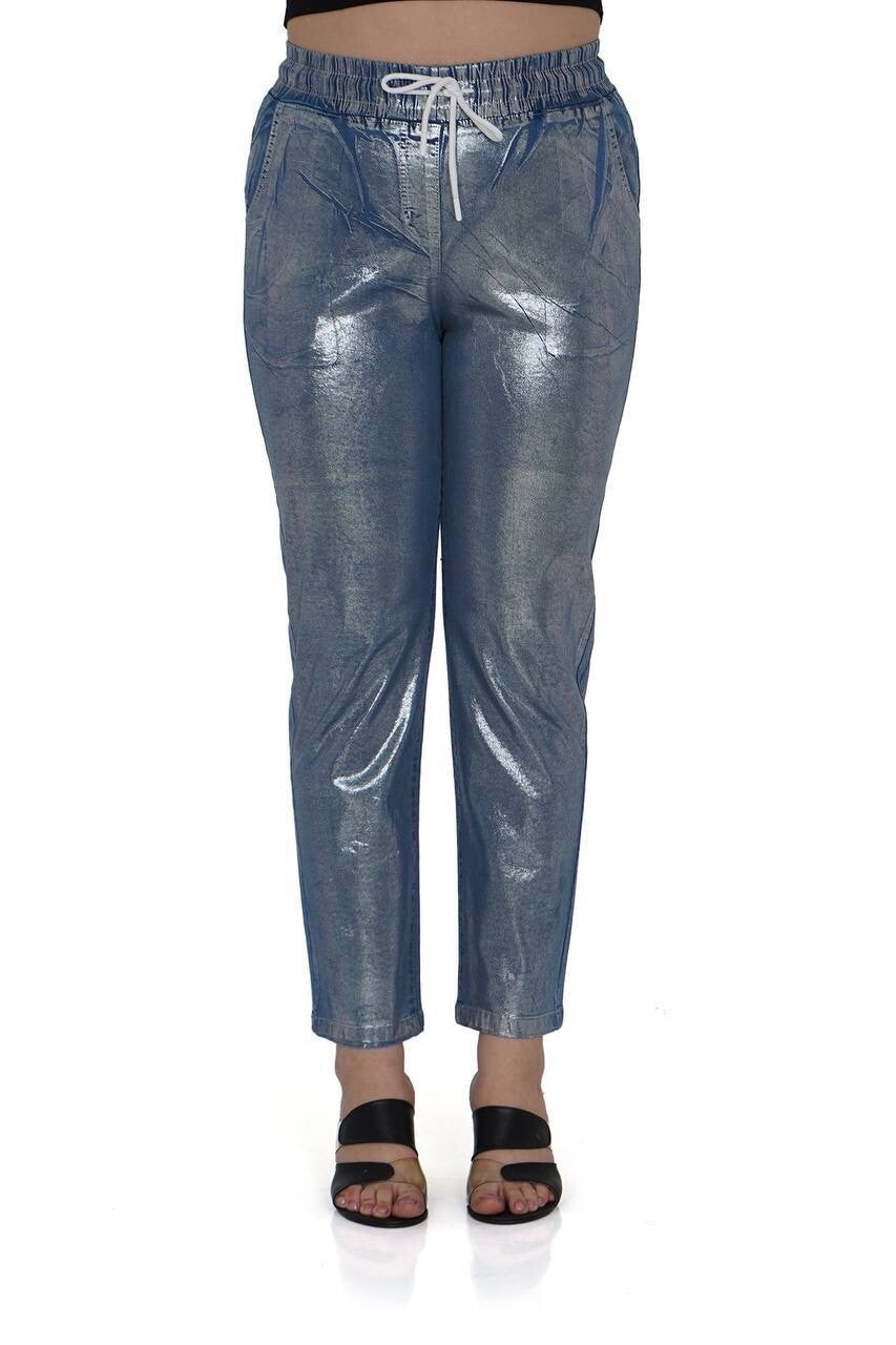 Bi&Ka Metallic Jeans, Silver Jogger Style Denim, Sz 24/56 Turkey