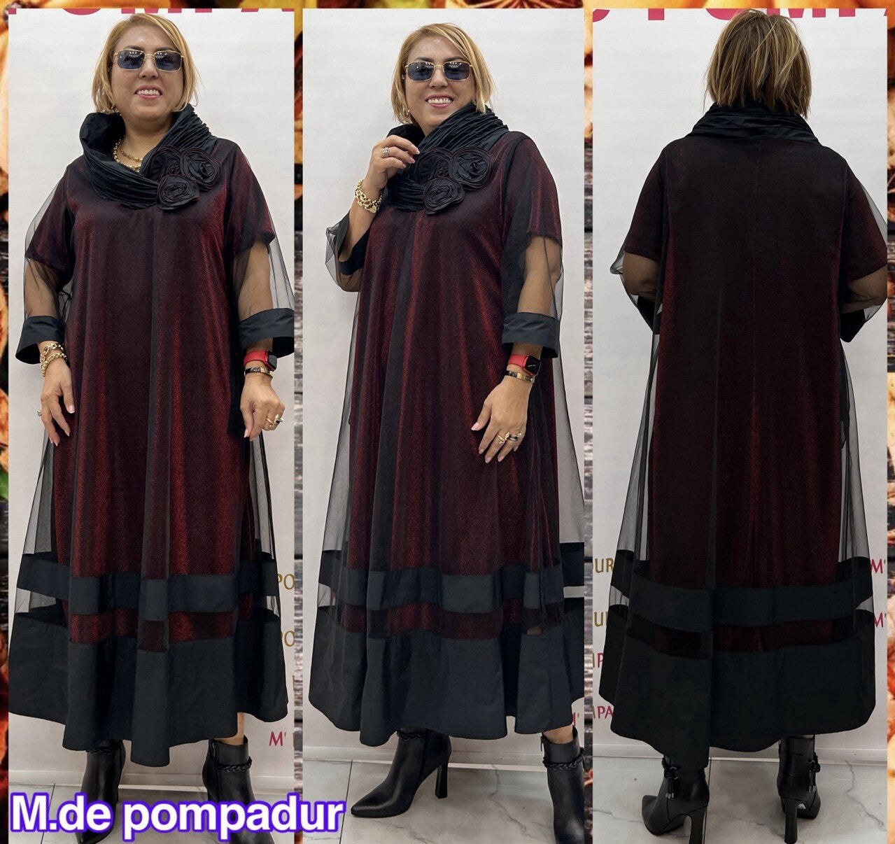 M’De Pompadur Burgundy Sheer Overlay Dress Sz 24/5 Plus Size Made in Turkey
