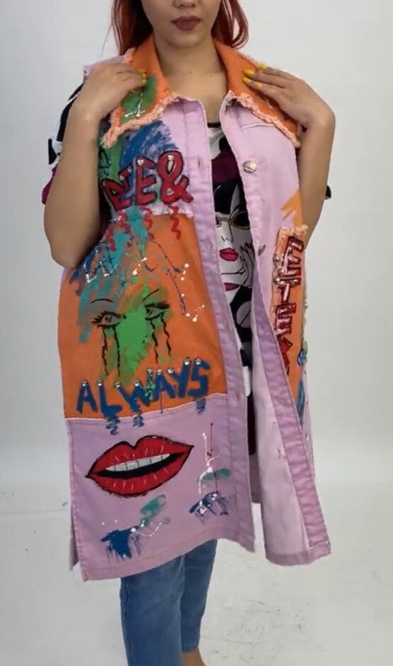 LaVelina Graffiti Art Denim Vest Sz 3X Made In Turkey