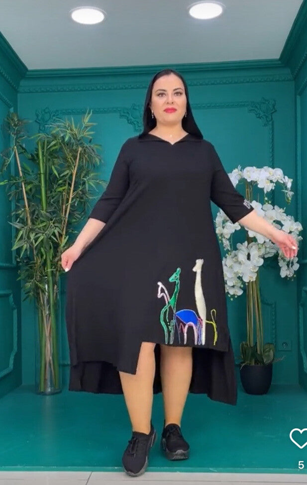 Darkwin Artistic Black Dress Sz 20/2 Made In Turkey Embroidered Asymmetrical