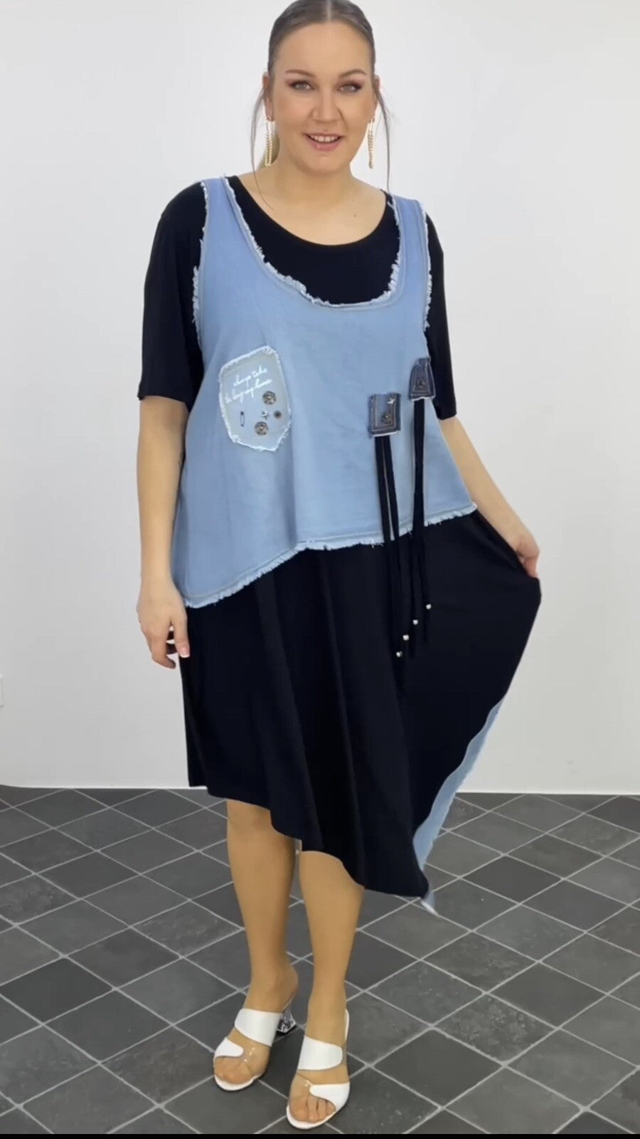 LaVelina Asymmetrical Denim Patch Dress Sz 22/48 Made in Turkey