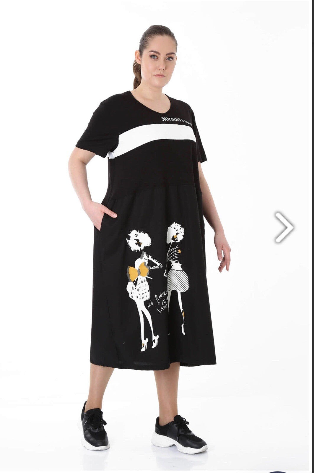 Darkwin Fun Art Dress Sz XL (20) Black White Print Midi Made In Turkey