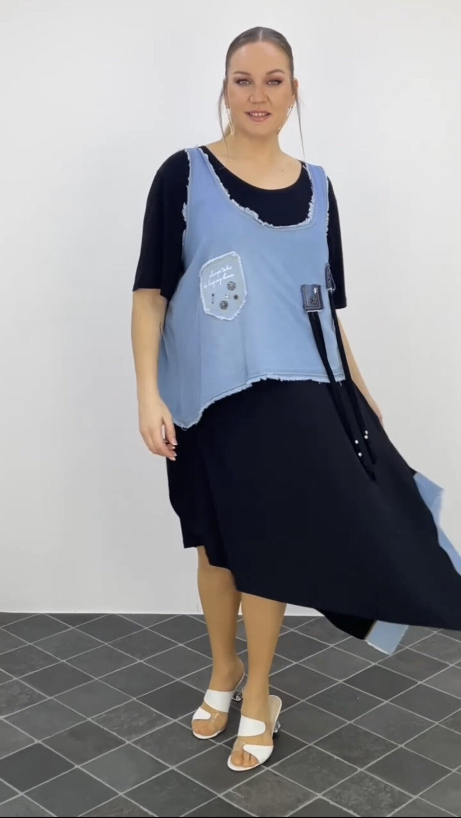 LaVelina Asymmetrical Denim Patch Dress Sz 22/48 Made in Turkey