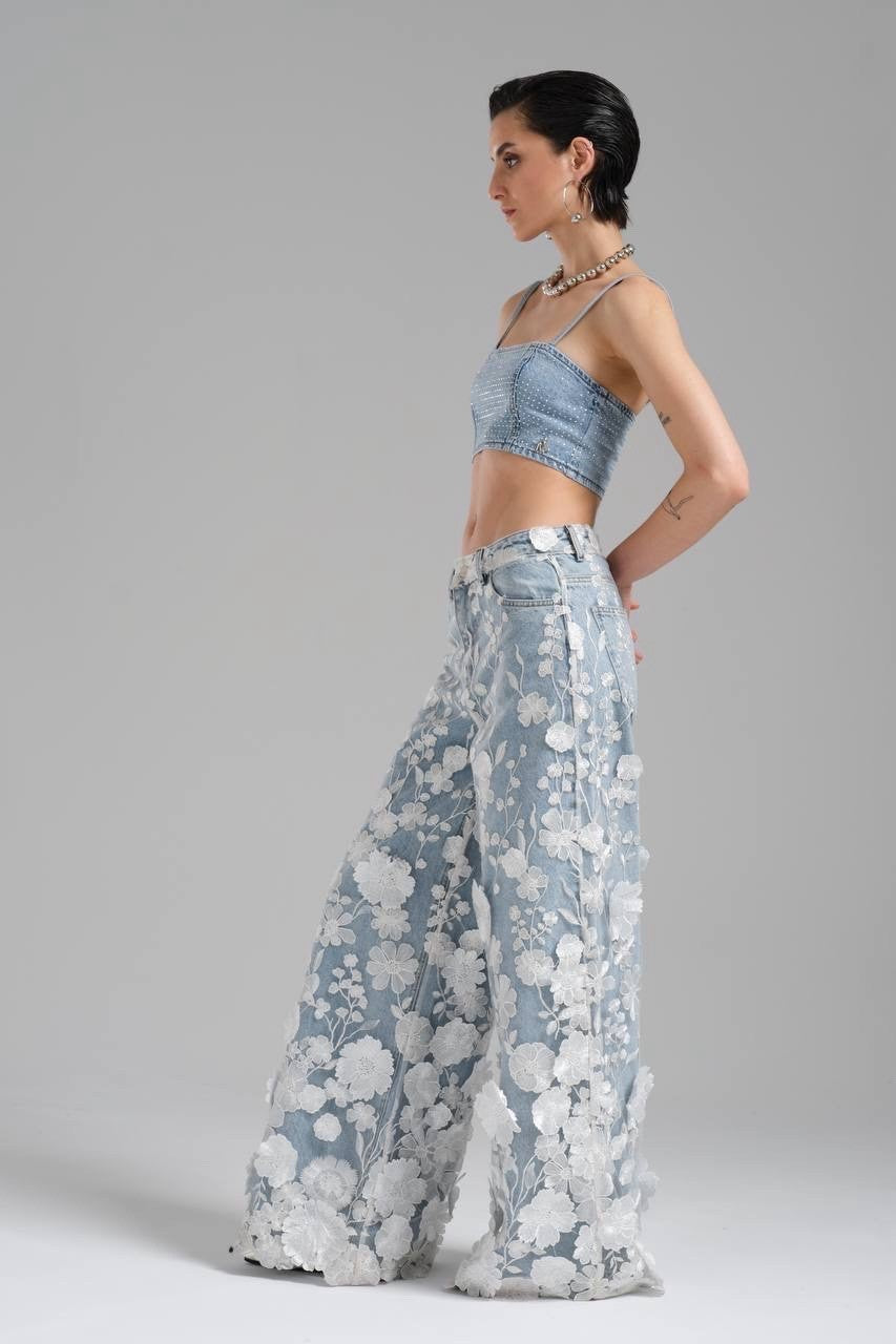 TW3 Women’s Jeans, 3D Floral Wide Leg Denim Pants, Sz S Turkey