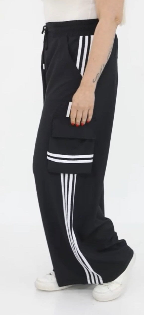 Selly Black Wide Leg Pants w/ Stripes & Pocket, Sz 18/52, Made In Turkey