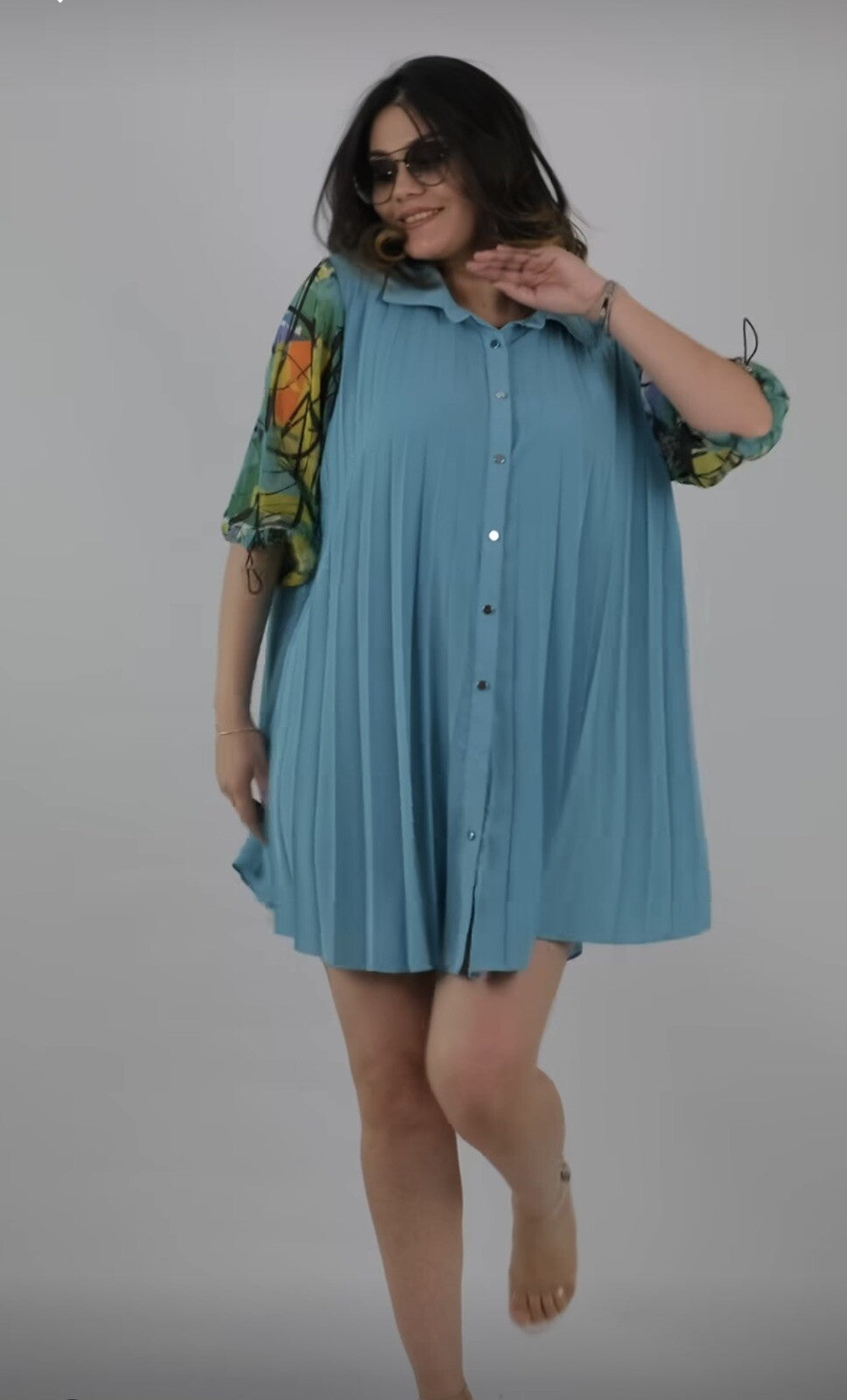 Darkwin Aqua Pleated Button Tunic Sz 14/2 Made In Turkey