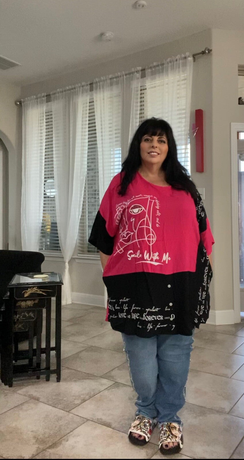 MyLifess Pink Black Abstract Oversized Top Sz 3XL/2 Made In Turkey