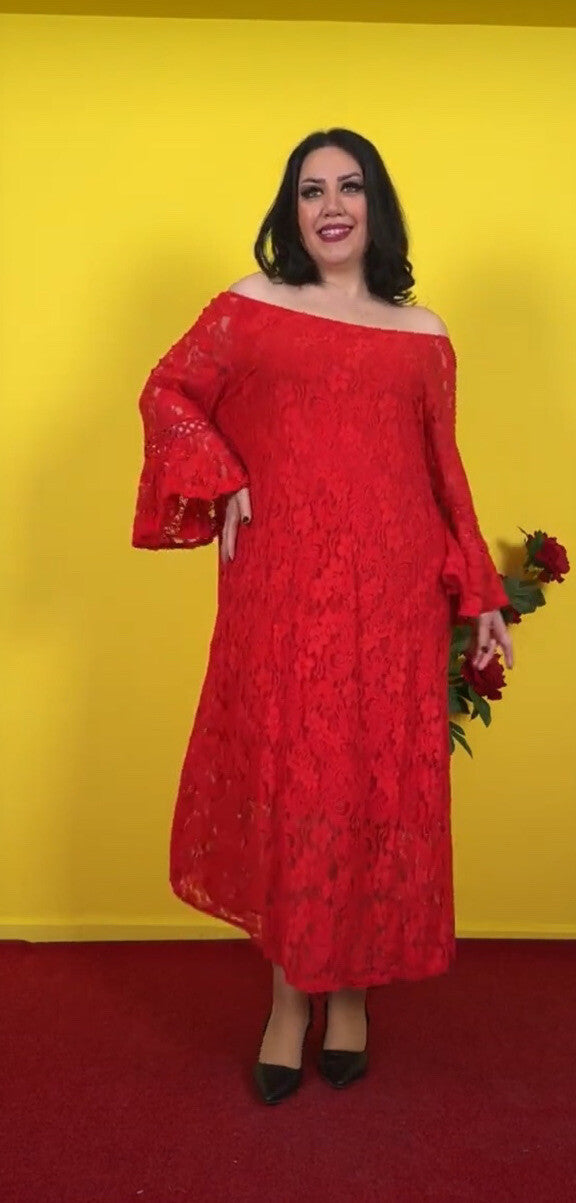 Elegant Red Lace Off-Shoulder Dress Sz 18 Made In Turkey