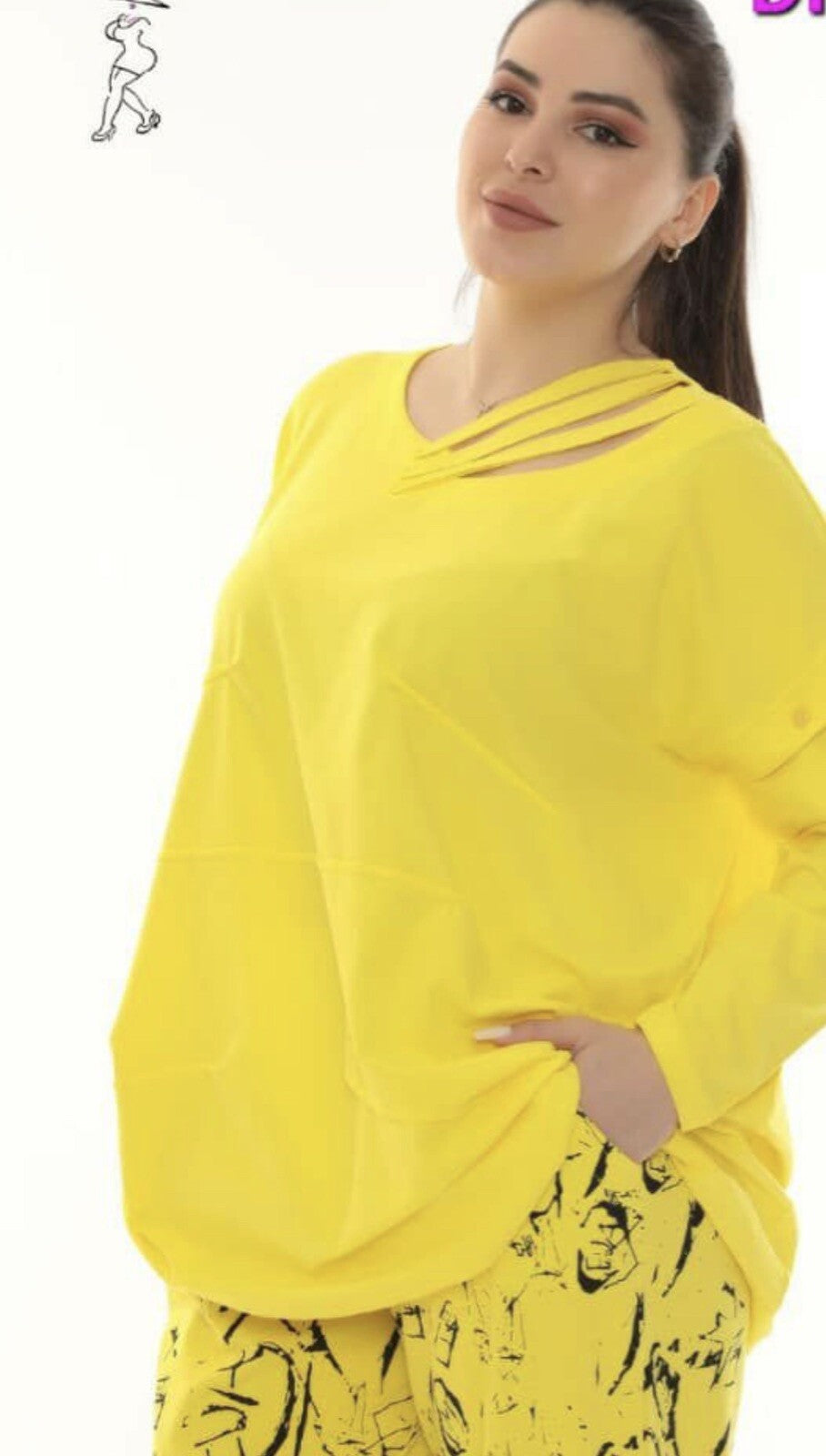 Divas Planet Yellow Cutout Shoulder Top Sz 3XL/3 Made In Turkey