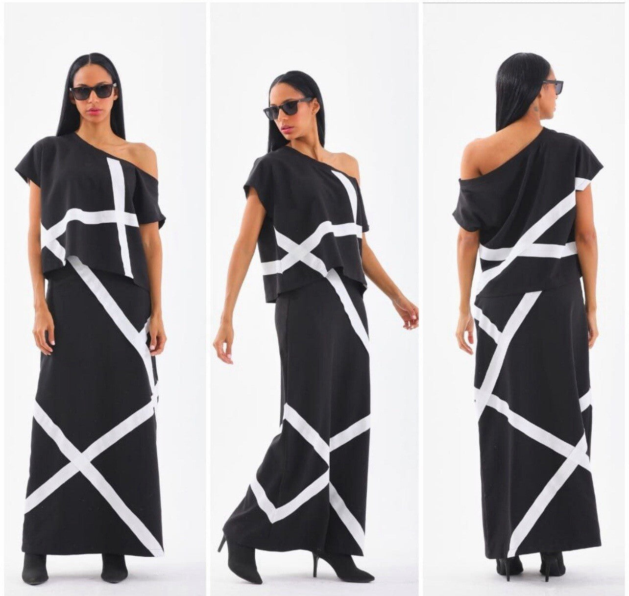 Bukezy Women’s 2-Piece Suit Sz L Made in Turkey Black Ivory Geometric Set