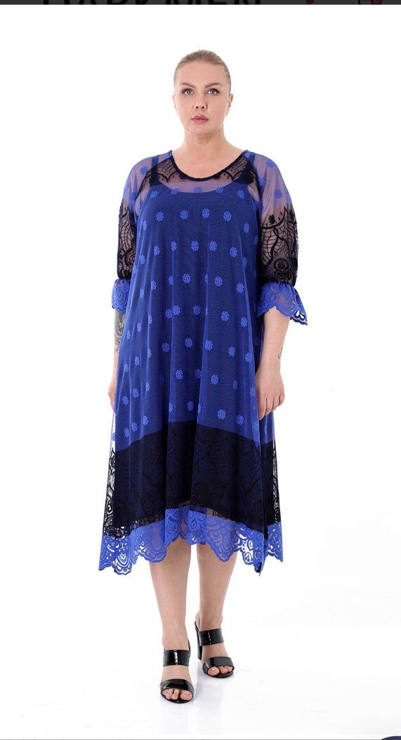 Darkwin Chic Royal Blue Mesh Lace 2 Pcs Dress Sz 18 Made In Turkey