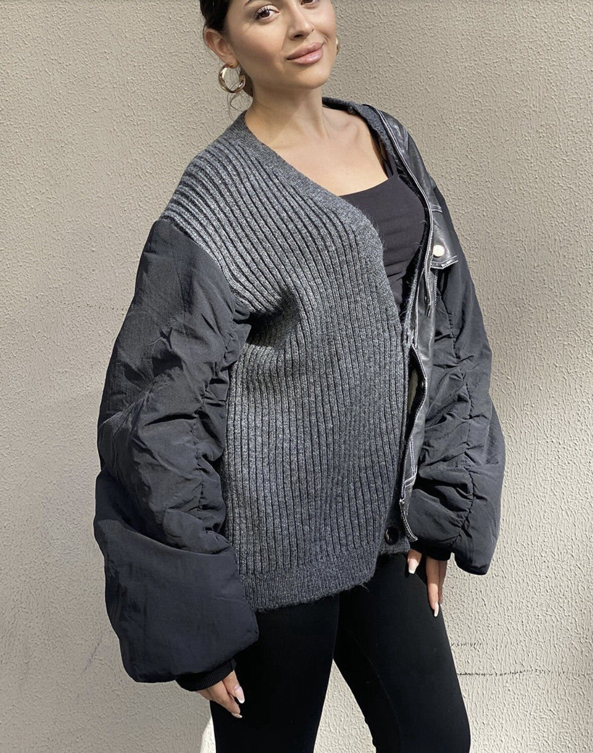 H4 Oversized Knit & Faux Leather Cardigan Sz 18-20/40 Made In Turkey