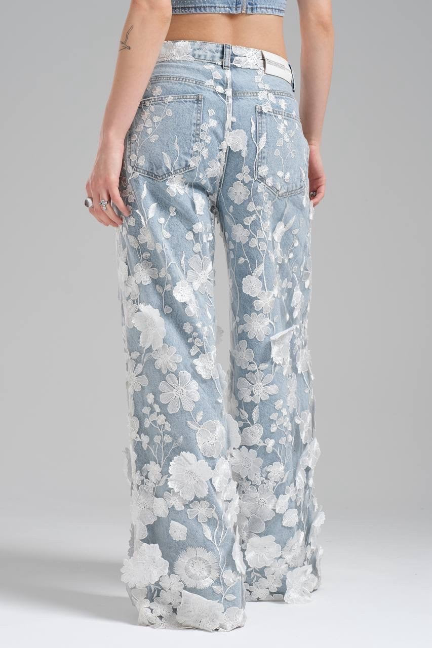 TW3 Women’s Jeans, 3D Floral Wide Leg Denim Pants, Sz S Turkey