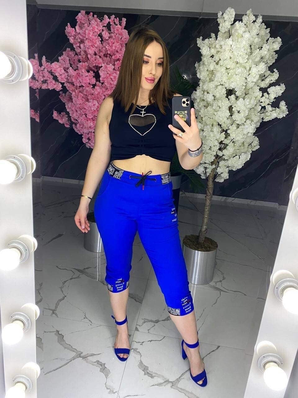 Lamaxx Royal Blue Capri Pants Sz 10/44 Stretch Print Detail Made In Turkey