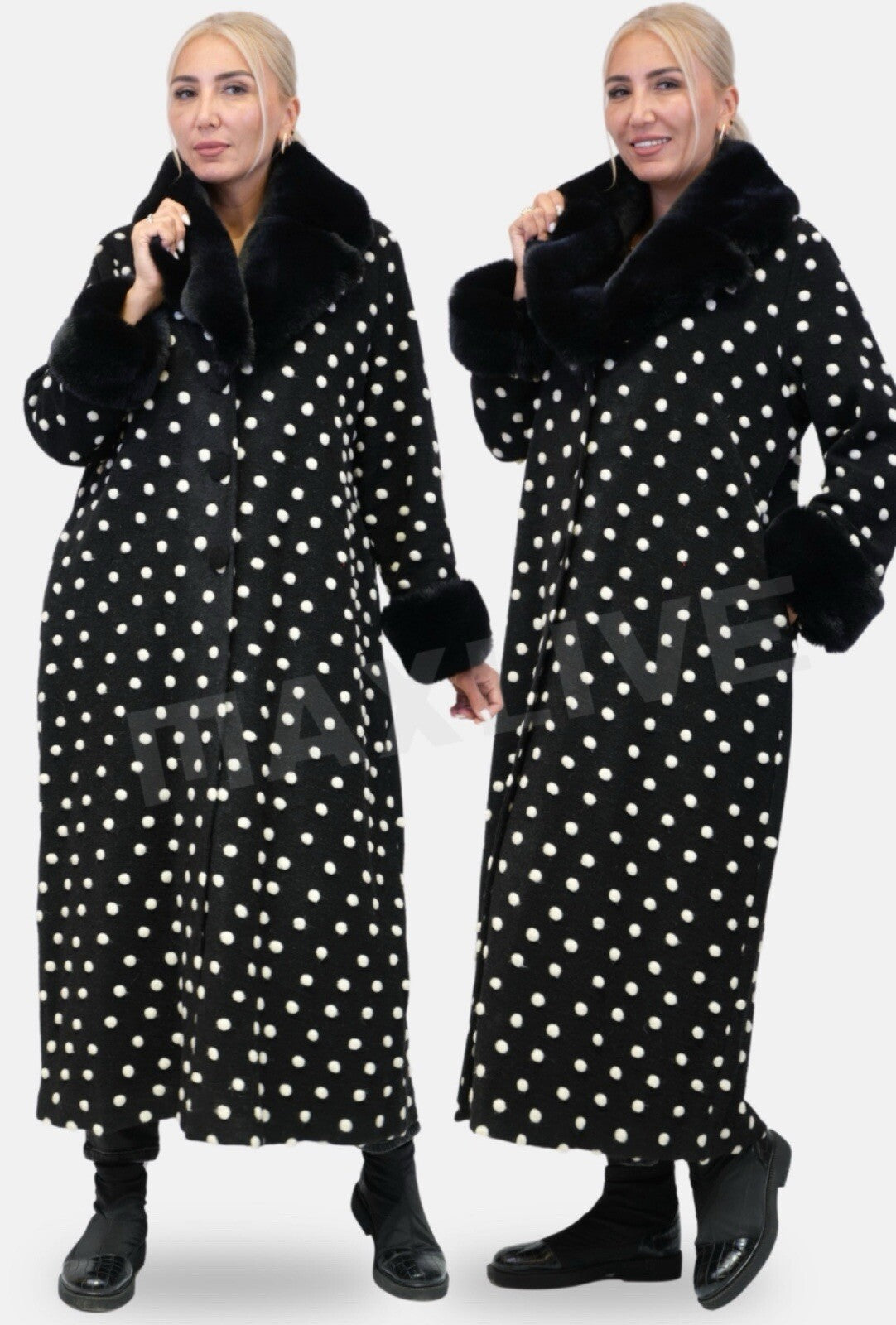 Lazolina Polka Dot Coat w/ Faux Fur Collar, Sz 18/1. Made in Turkey