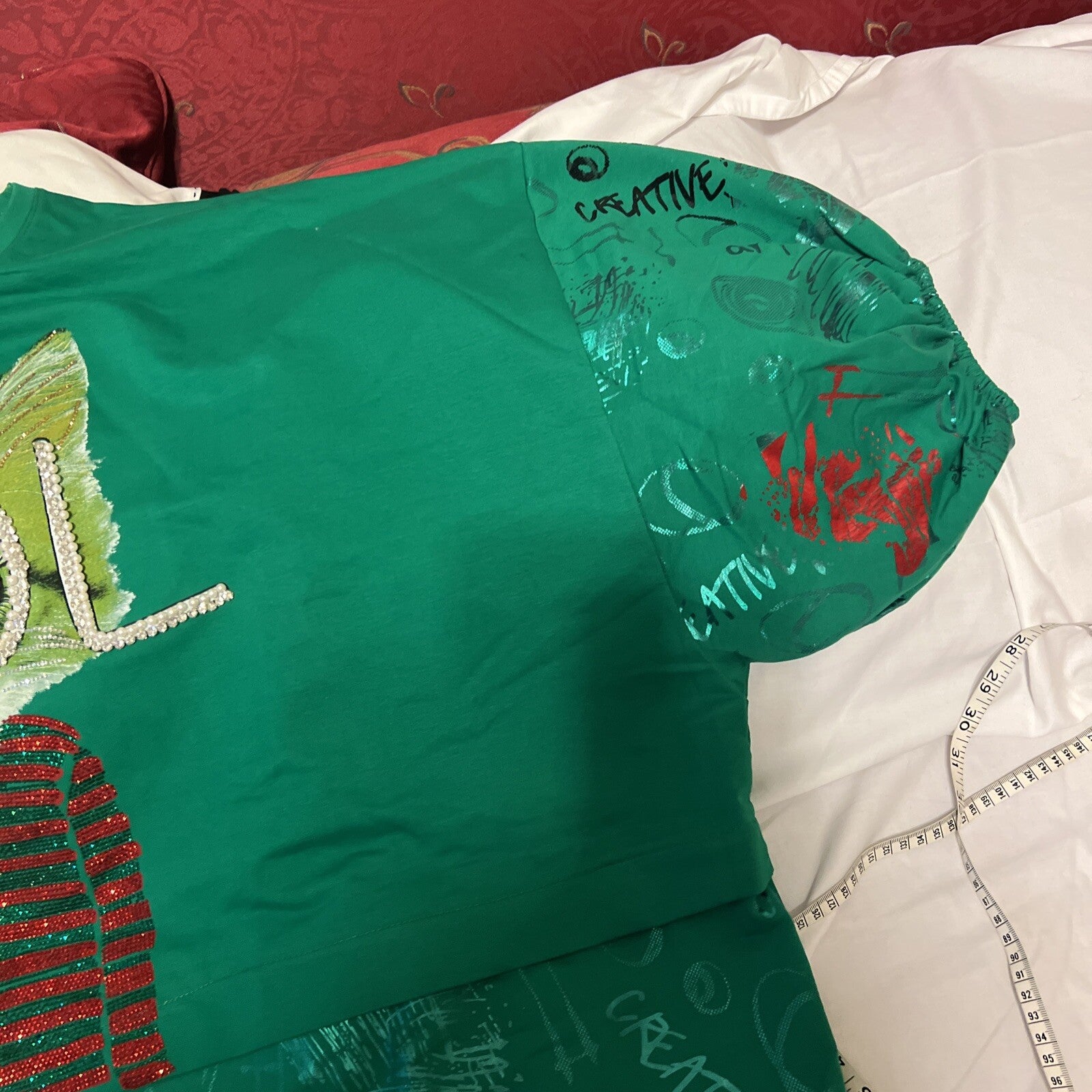 LaMaxx Green Cat Graphic Oversized Top Sz 24/3 Made In Turkey