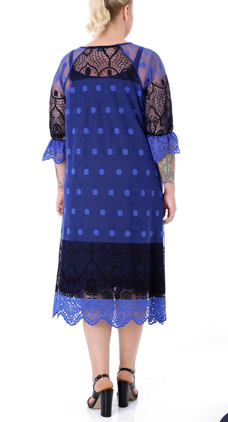 Darkwin Chic Royal Blue Mesh Lace 2 Pcs Dress Sz 18 Made In Turkey