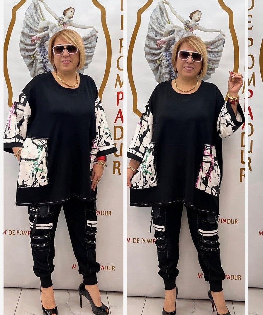 MyLifess Oversized Top Paint Splash Pockets Black White Art Sz 22/2 Made Turkey