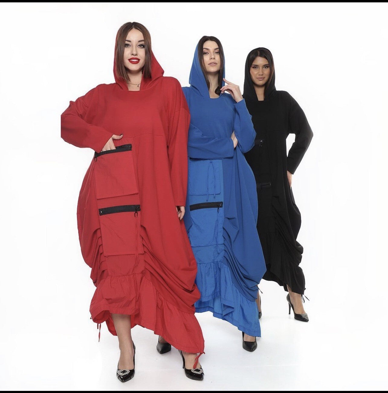 B-One Red Oversized Hoodie Dress w/ Zipper Pockets Sz 20/48 Made in Turkey