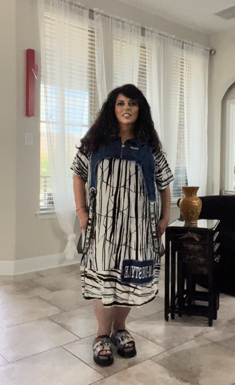 M’De Pompadour Striped Dress w/ Denim Accent Sz 20/1 Made in Turkey