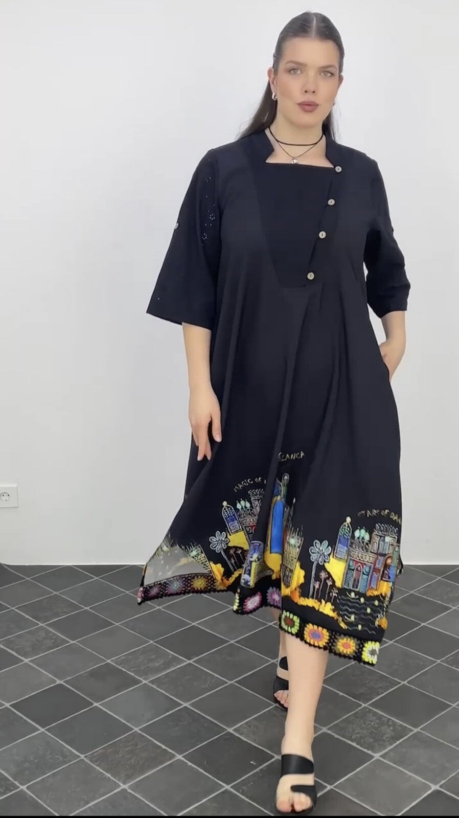 Darkwin Artistic Oversized Dress Sz 20/2 Black Cityscape Print Turkey
