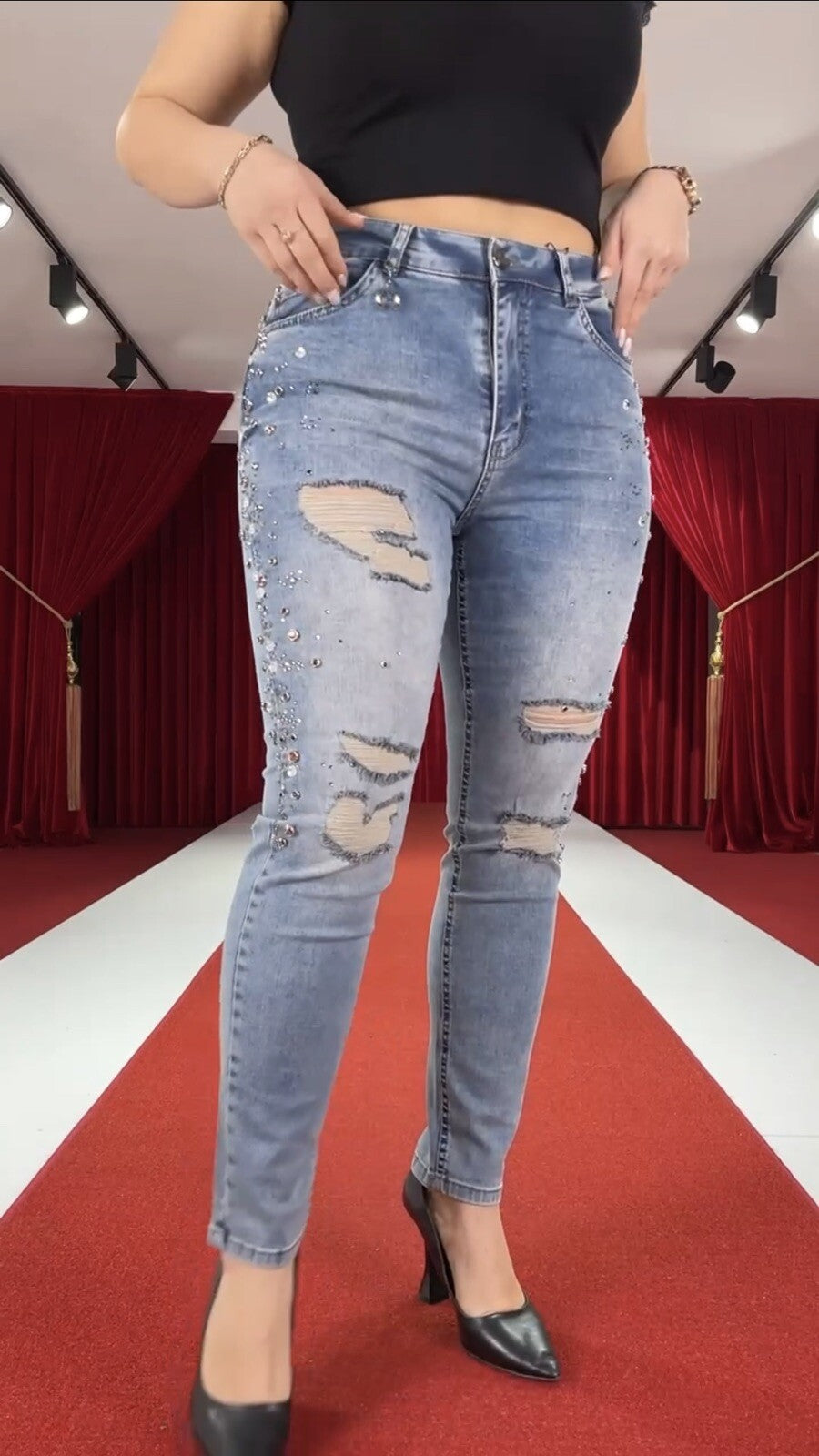 Zanessi Embellished Ripped Jeans Sz 18/52, Rhinestone Made In Turkey