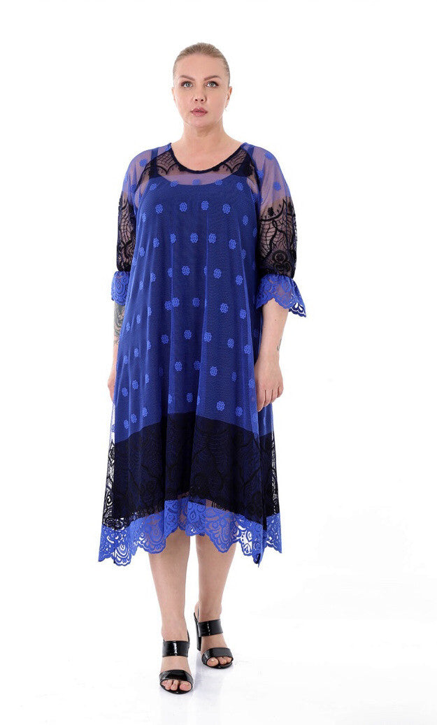 Darkwin Chic Royal Blue Mesh Lace 2 Pcs Dress Sz 18 Made In Turkey