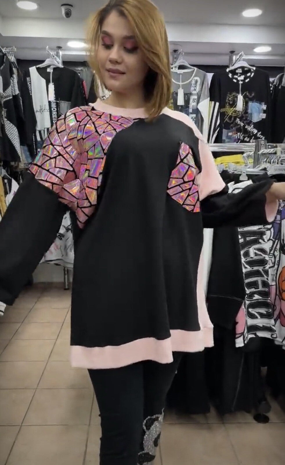 LaVelina Oversized Artistic Top Pink Black Mosaic Design Sz 20/50 Turkey