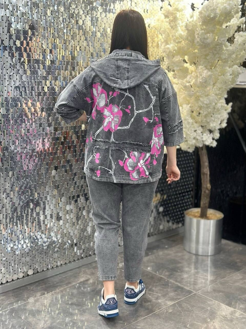 LaMaxx Women’s 2-Piece Suit Sz 16/1 Made in Turkey Gray Floral Denim Set