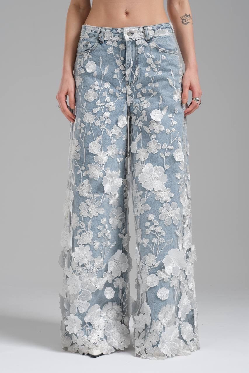 TW3 Women’s Jeans, 3D Floral Wide Leg Denim Pants, Sz S Turkey