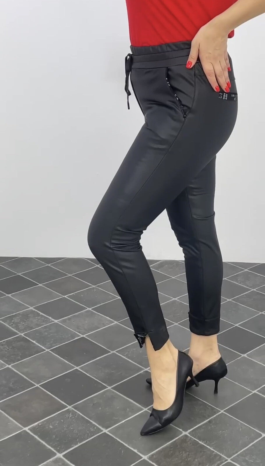 Mags Eco Leather Pants Sz 14/46 Black Slim Fit Stretch Made In Turkey
