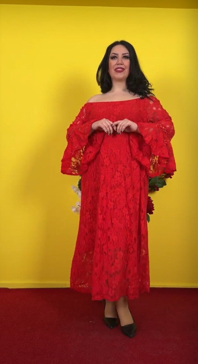 Elegant Red Lace Off-Shoulder Dress Sz 18 Made In Turkey