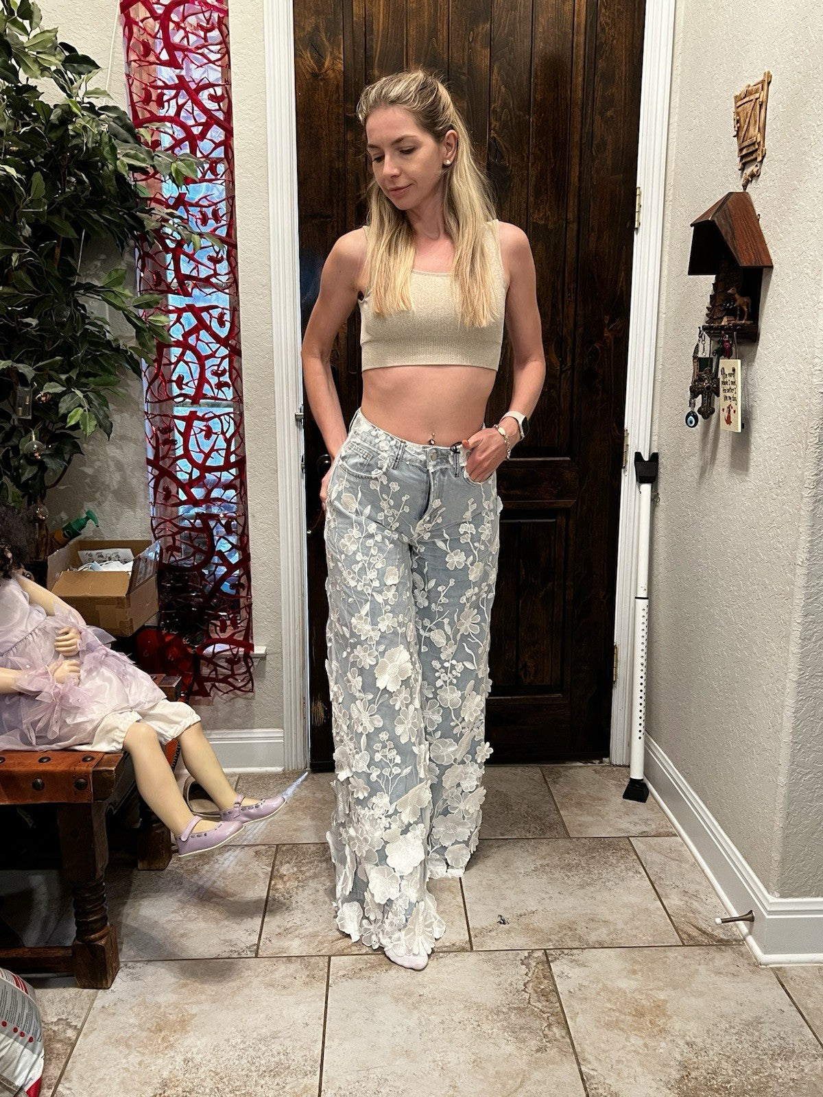 TW3 Women’s Jeans, 3D Floral Wide Leg Denim Pants, Sz S Turkey