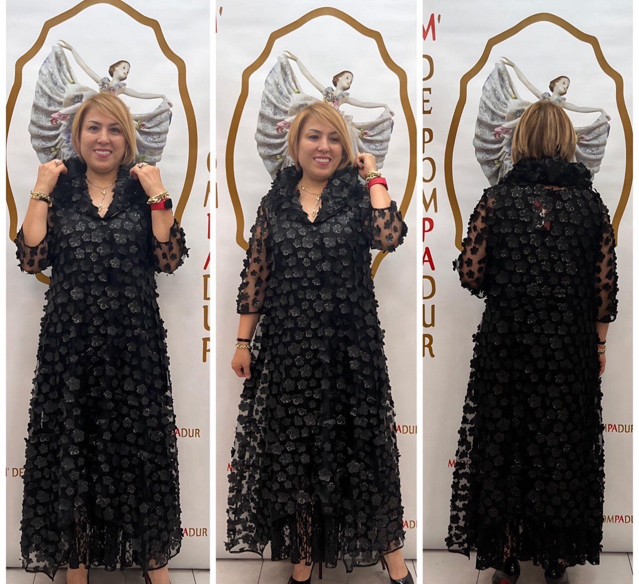 La Degrade Black 3D Floral Mesh Dress Sz 20/3 Made in Turkey Elegant
