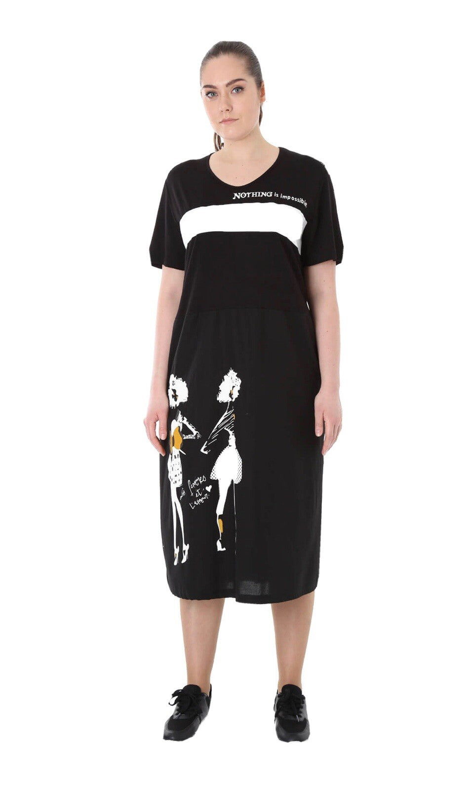 Darkwin Fun Art Dress Sz XL (20) Black White Print Midi Made In Turkey