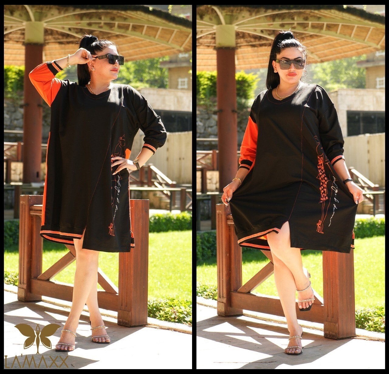 LaMaxx Black & Orange Oversize Dress Sz 20/48 Made In Turkey
