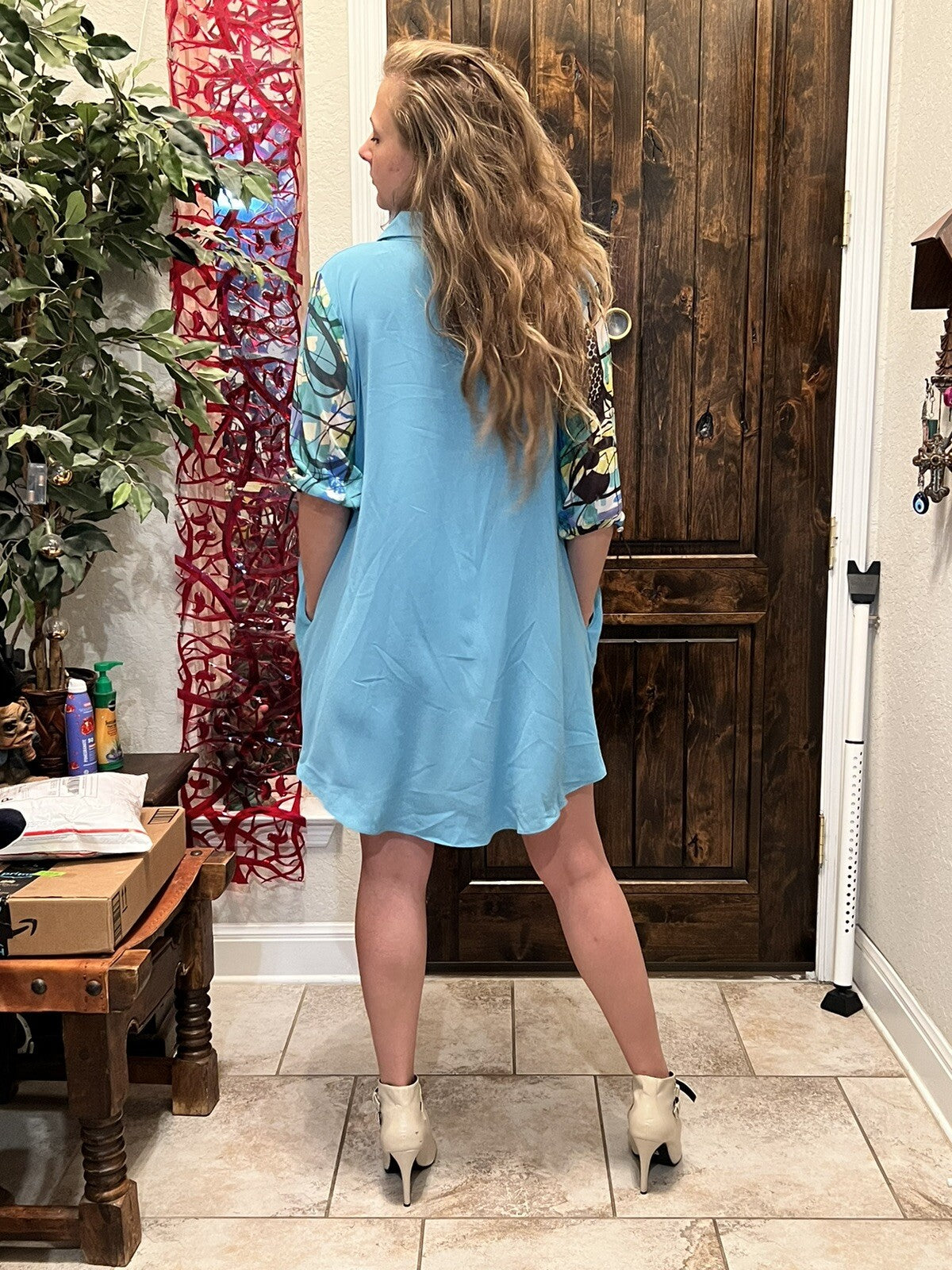 Darkwin Aqua Pleated Button Tunic Sz 14/2 Made In Turkey