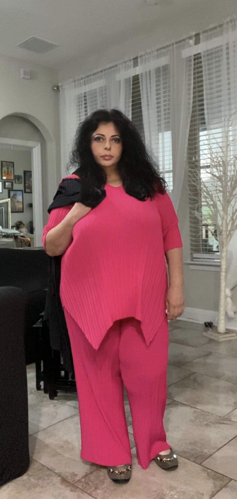 Darkwin Hot Pink 2 Pcs Pleated Suit, Asymmetrical Top & Pants, Sz XXL, Turkey
