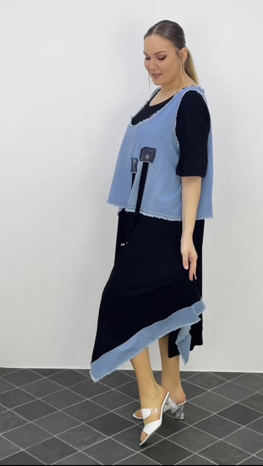 LaVelina Asymmetrical Denim Patch Dress Sz 22/48 Made in Turkey