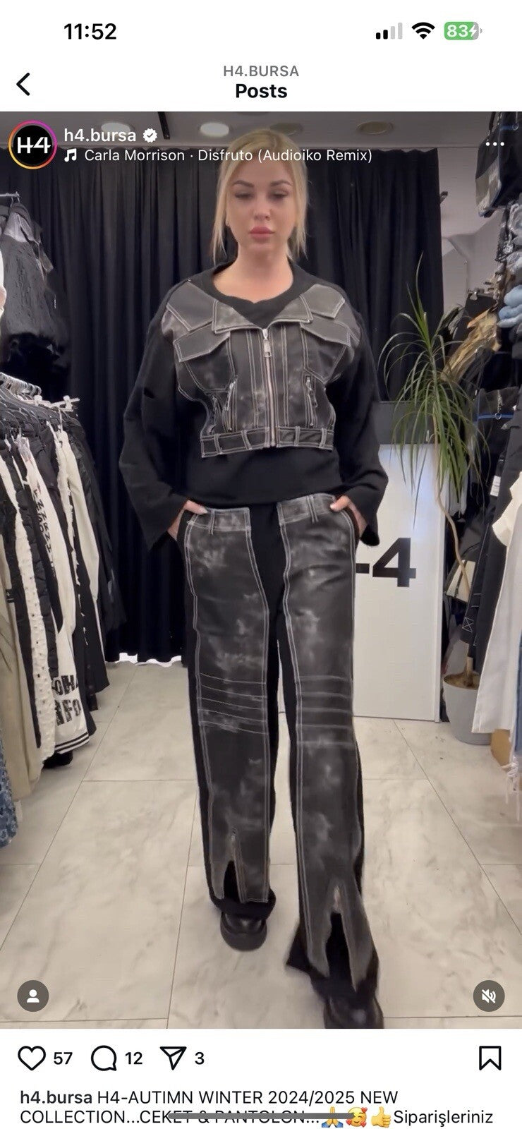 H4 Women’s 2-Piece Suit Sz 8/36 Made in Turkey Black Distressed Stitch Set