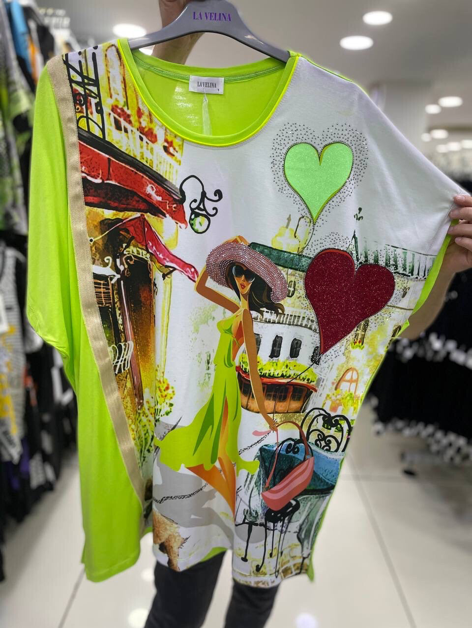 LaVelina Lime Green Graphic Oversized Top Sz 3XL Made In Turkey