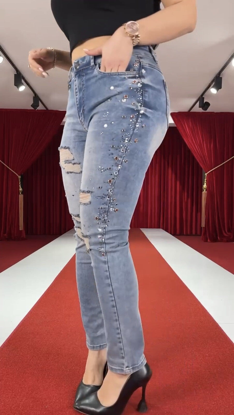Zanessi Embellished Ripped Jeans Sz 18/52, Rhinestone Made In Turkey