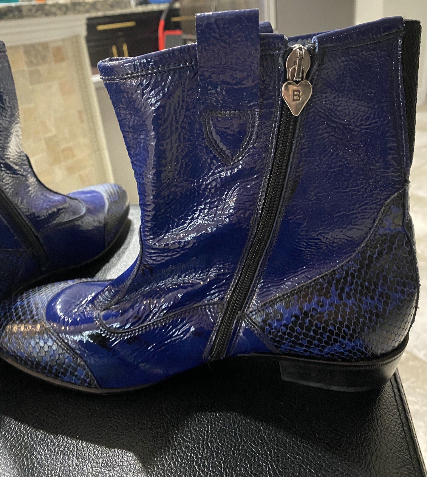 Bouton Black Boots, Beautiful Blue Leather, Made In Italy Sz 8.5 (39)