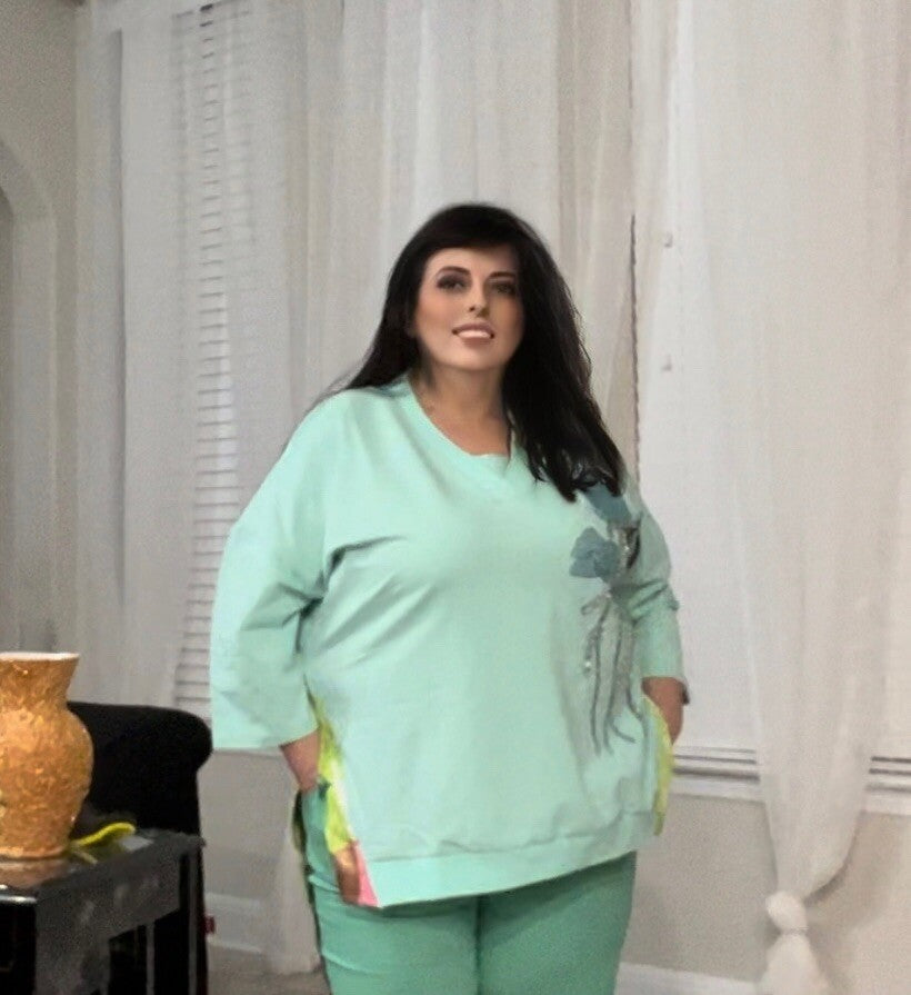 LaMaxx Mint Green Floral High-Low Top Sz 3XL/3 Made In Turkey