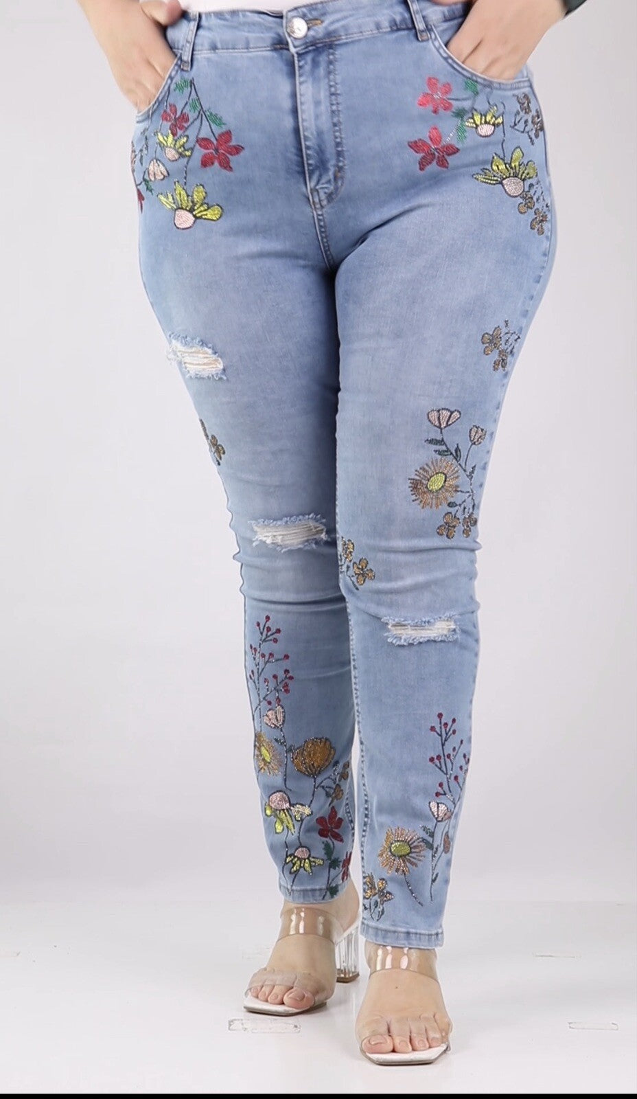 Zanessi Floral Ripped Jeans Sz 24/54 Distressed Embroidered Turkey