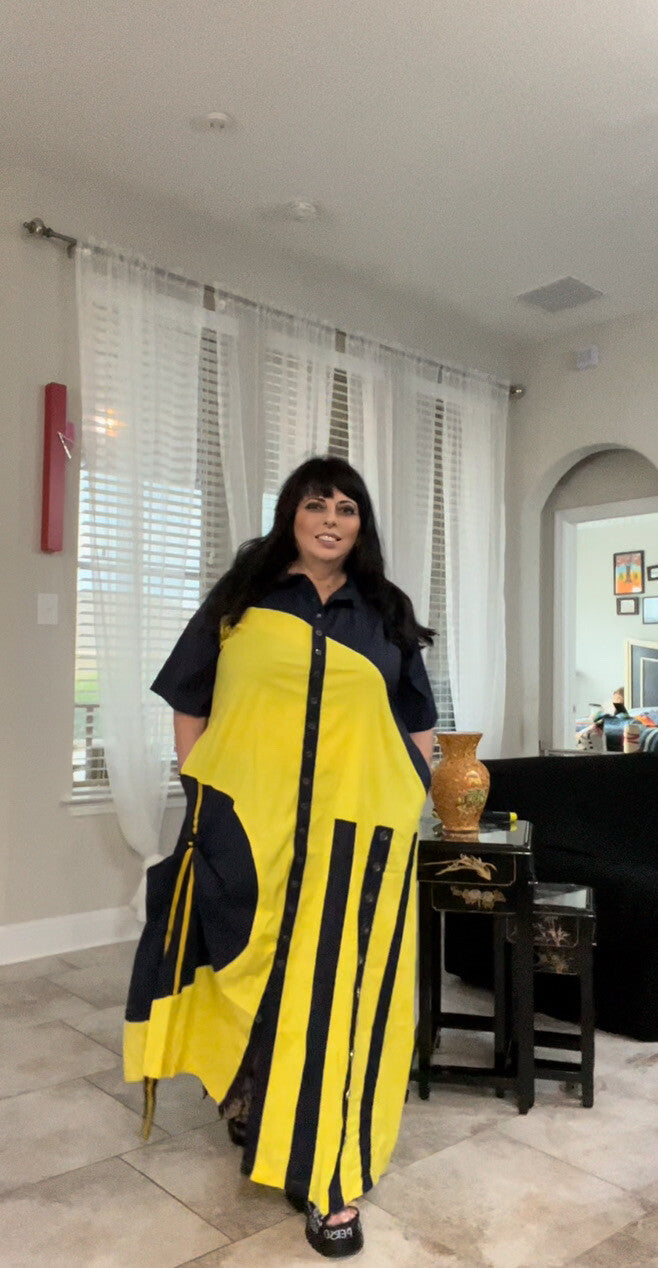 SALE!!!! DePompadur Oversized Dress Yellow/Navy, Sz 24/3 Made in Turkey