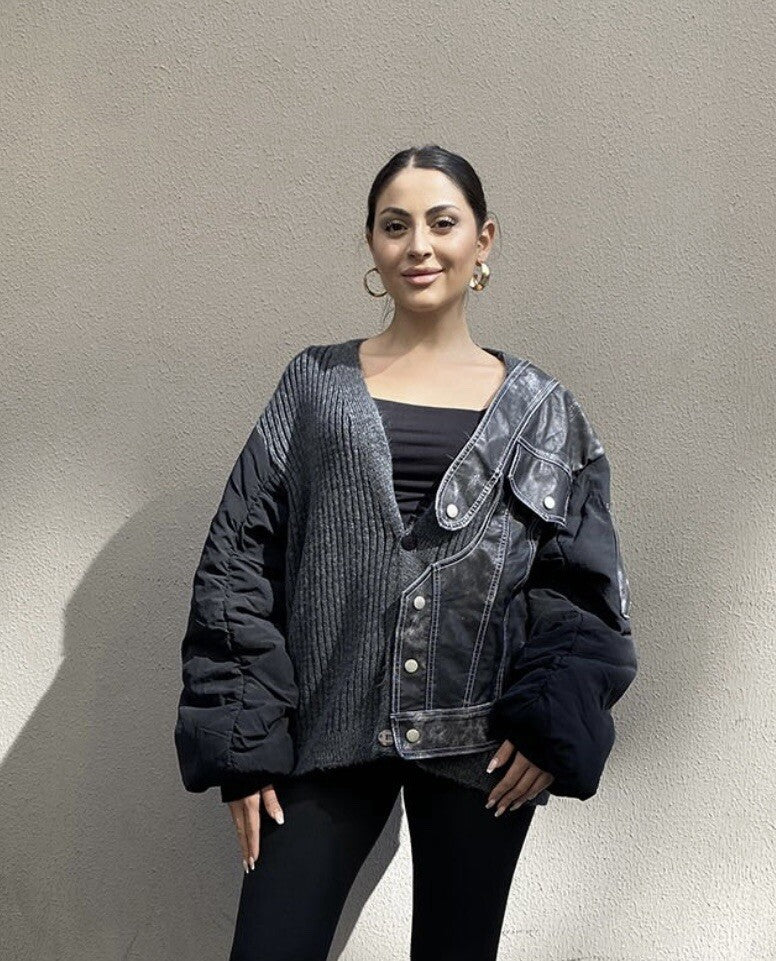 H4 Oversized Knit & Faux Leather Cardigan Sz 18-20/40 Made In Turkey