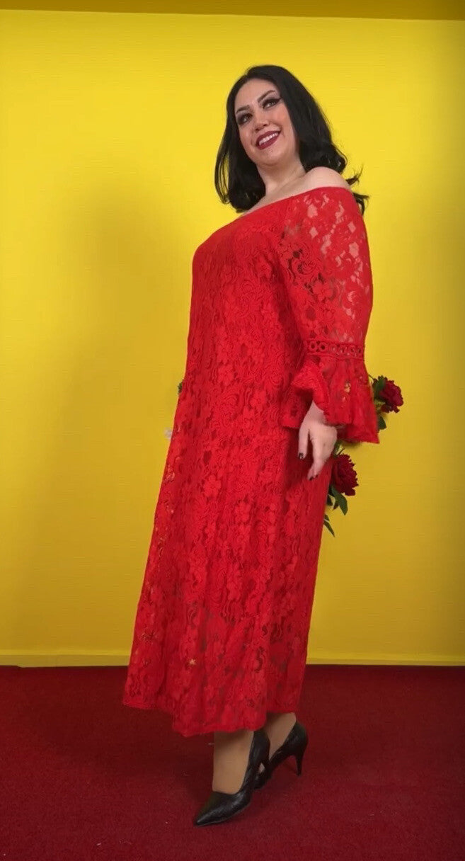 Elegant Red Lace Off-Shoulder Dress Sz 18 Made In Turkey