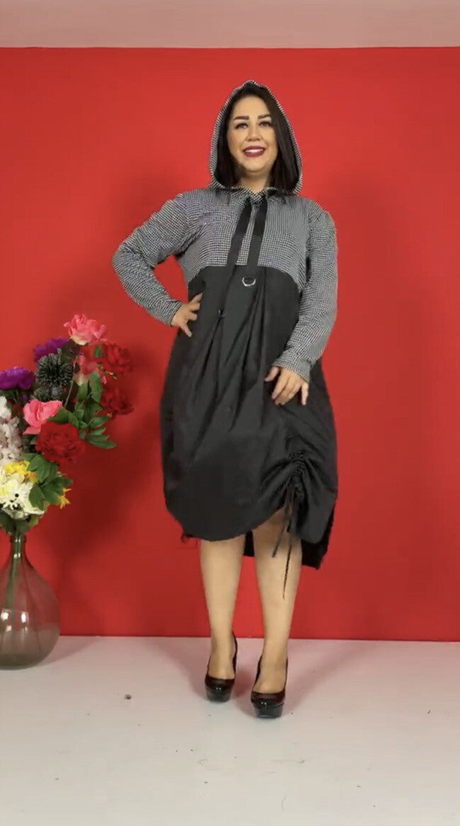 Darkwin Two Tone Hooded Dress Sz 20 Black Gray Drawstring Made In Turkey