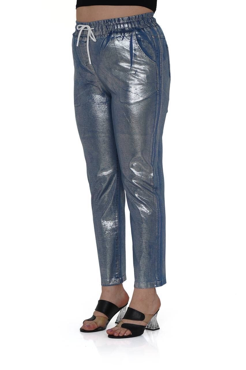 Bi&Ka Metallic Jeans, Silver Jogger Style Denim, Sz 24/56 Turkey